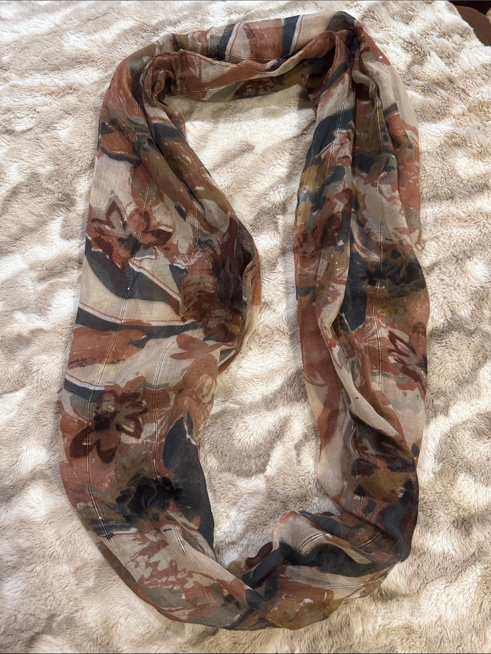 Buckle Floral Infinity Scarf in Brown, Black, Cream